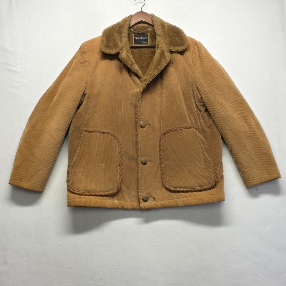 Vtg 1960s Penneys Towncraft Corduroy Sherpa Lined Jacket Red Crown Size Large